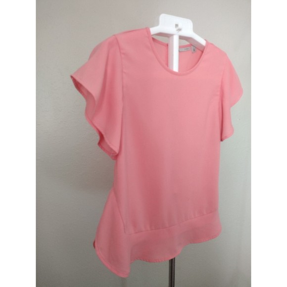 Women's Pink Blouse Ruffle Formal Crepe Short Sleeve Crewneck Button Back Size S - Picture 4 of 12